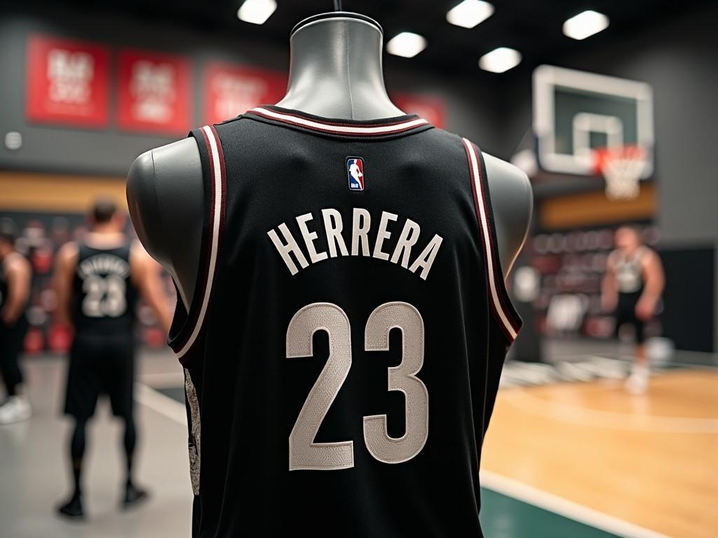 The image features a basketball jersey displayed on a mannequin. The jersey is black, with the name 'HERRERA' and the number '23' prominently shown. In the background, a basketball court and some players can be seen in a training or promotional setup. The setting suggests a professional basketball team environment. There is a sense of excitement and sportiness associated with this image. The lighting is designed to highlight the jersey's details and create an appealing look for viewers.