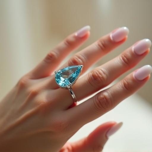 Photorealistic image of a beautiful female hand with French manicure and medium-light skin tone. Hand wears a pear-cut aquamarine gemstone in 18k white gold setting. Aquamarine shows teal-blue color, clarity, and sparkle. Hand is positioned at a 45-degree angle with soft studio lighting enhancing the gemstone's facets. Background blurs gradient of ivory and champagne colors. Image is ultra sharp, has shallow depth of field, and appears luxurious and expensive. Includes subtle lens flare for brilliance.