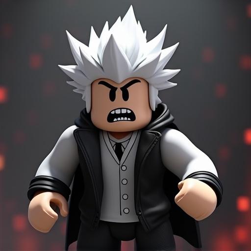 Roblox avatar boy has big white hair. Character wears black and white clothing. The avatar shows an angry expression. Background represents Murder Mystery 2 with dark elements.