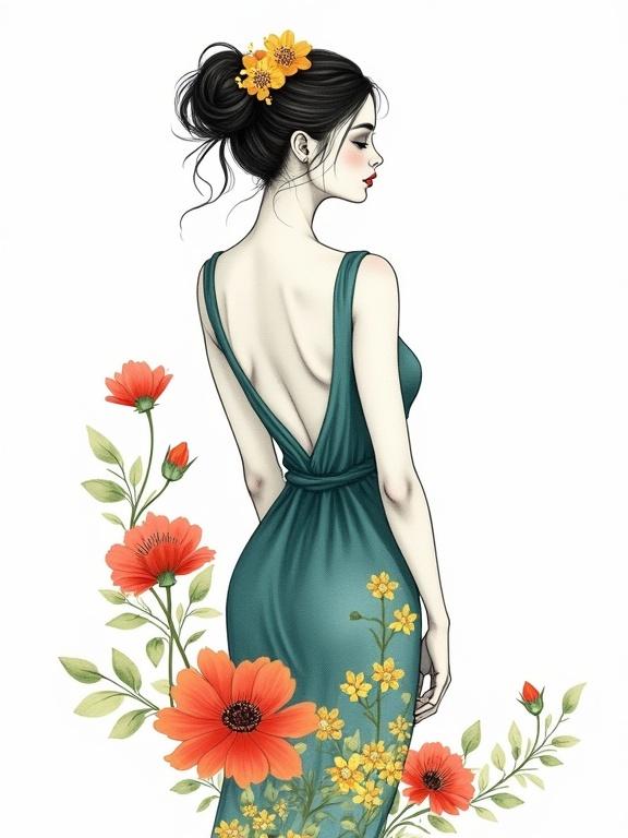 Digital art illustration of a figure in profile view with a detailed backless dress design.
Dress made of teal-colored fabric with floral patterns in yellow and coral.
Figure has an updo hairstyle with woven yellow flowers.
Art includes dynamic floral elements with red and orange blooms and green leaves.
Background is clean and white for contrast. 
Art combines realistic figure drawing with abstract floral design.