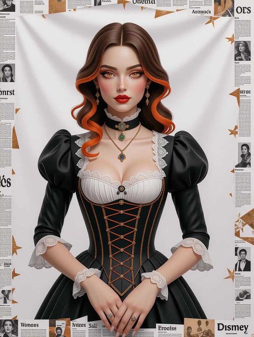 Pixel-perfect full body figure in Victorian attire. The woman with distinctive medium brown hair and orange highlights. Orange eyes captured in gorgeous jewelry. High-quality digital rendering in soft light. Presented with mixed media elements like newspaper and glitter. Collage aesthetics combined with depth and brightness in a striking composition.