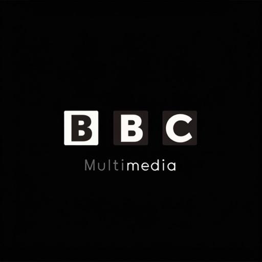 Logo design featuring three squares with letters B B C. Below the logo is the word Multimedia on a black background.