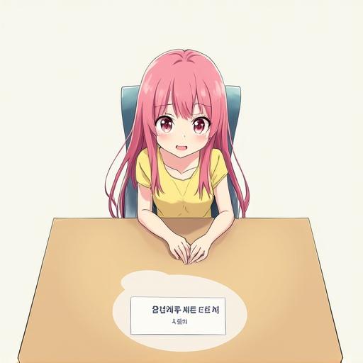 A girl sitting at a desk. She has long pink hair and pink eyes. Wearing a yellow dress. The girl appears slightly surprised. Glancing to the right. In front of her is a chat bubble with Korean text. The background is minimalistic. The overall mood is light and playful. Typical of anime art style.