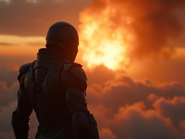 Create a dramatic image showing a tall armored figure against a bright explosion above the clouds. Focus on dark cinematic realism with a bright anamorphic lens flare. The figure should be in a sleek textured black armor with a helmet. Show a powerful sunset in the background with dynamic clouds and smoke.