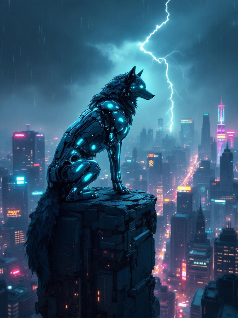 A cyberpunk scene features a lone cybernetic wolf. The wolf stands atop a crumbling skyscraper in a rain-soaked futuristic cityscape. The wolf has a sleek metallic exoskeleton with glowing blue circuitry. Neon green glowing orbs are the wolf's eyes. The city is illuminated by the vibrant neon lights below. The atmosphere is gritty with fog and smog. A stormy night sky is visible with streaks of lightning. The artistic focus is on sharp details and textured surfaces. Vibrant and saturated colors are used with a rich palette emphasizing neon lights.