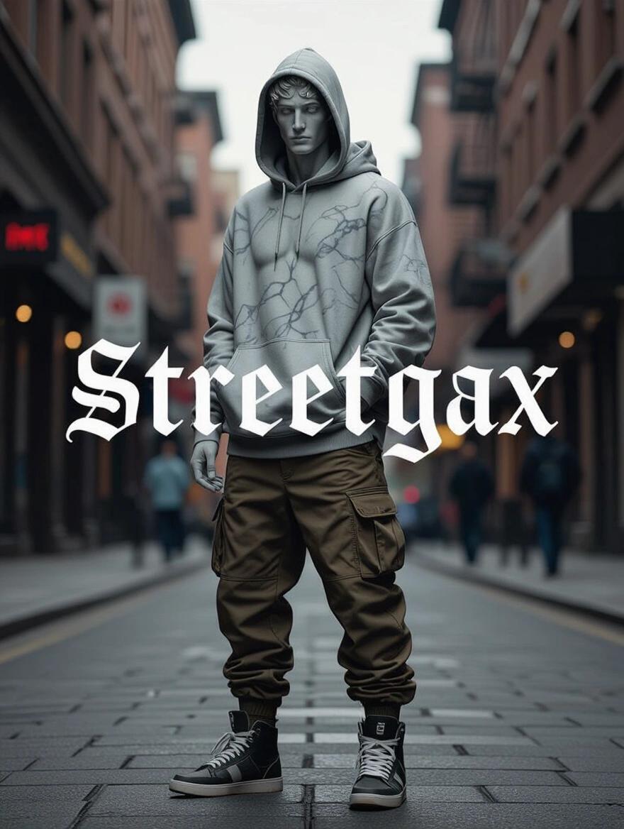 Photorealistic urban streetwear portrait of an original Greek-inspired god character. Slender figure with realistic marble skin texture. Wearing modern oversized hoodie, tactical cargo pants, and high-top sneakers. Integrate the word 'STREETGAX' in bold gothic font. Use a solid black background. High-definition lighting and ultra-detailed textures for apparel printing.
