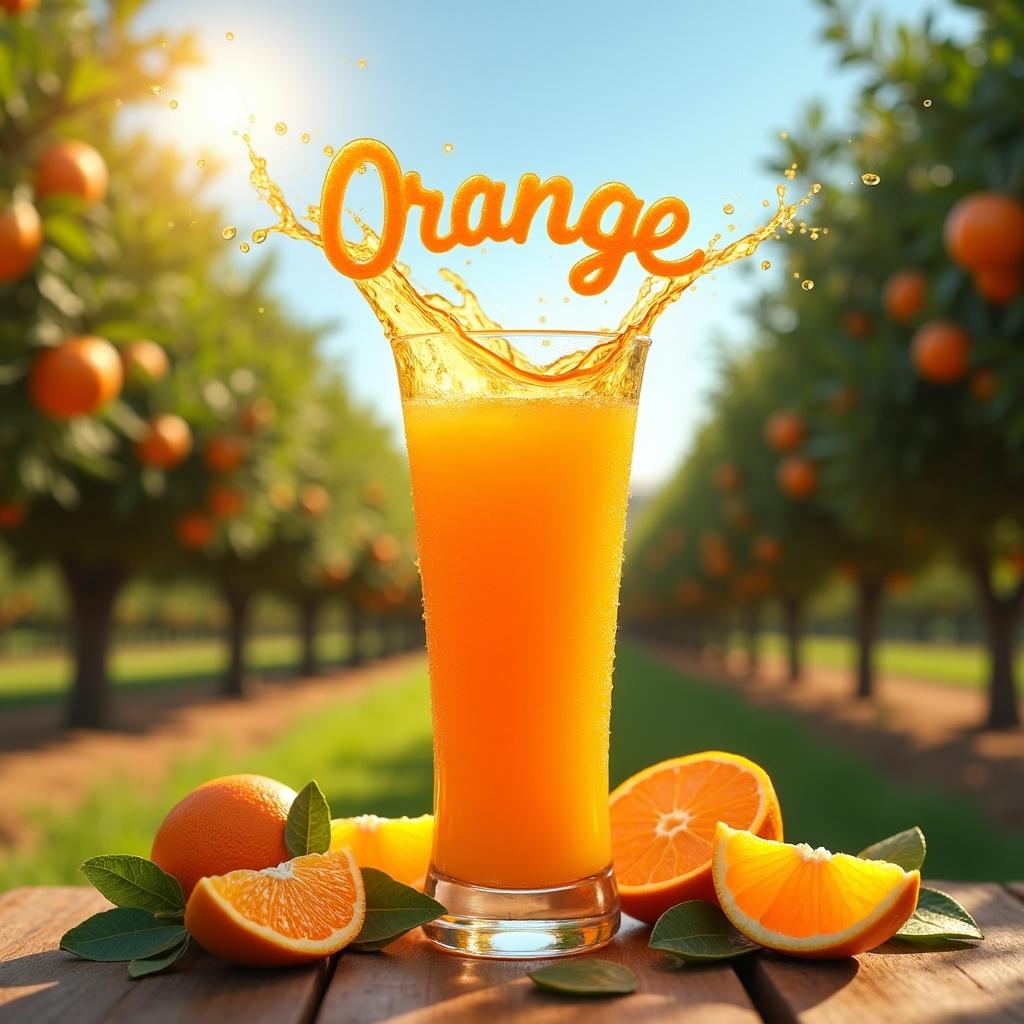 Freshly squeezed orange juice splashes out of a glass amid a vibrant orange grove.