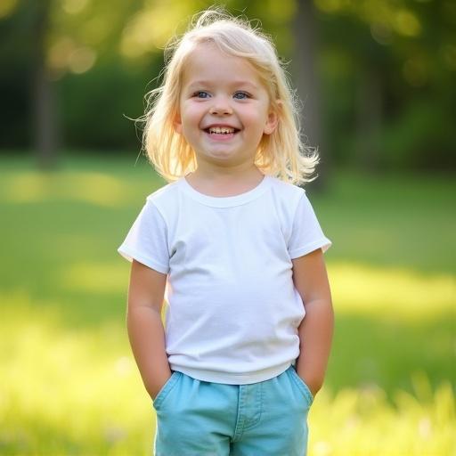 Cute 3-year-old girl with blonde hair and blue eyes in a white t-shirt and blue shorts, smiling in a sunny park with green background.