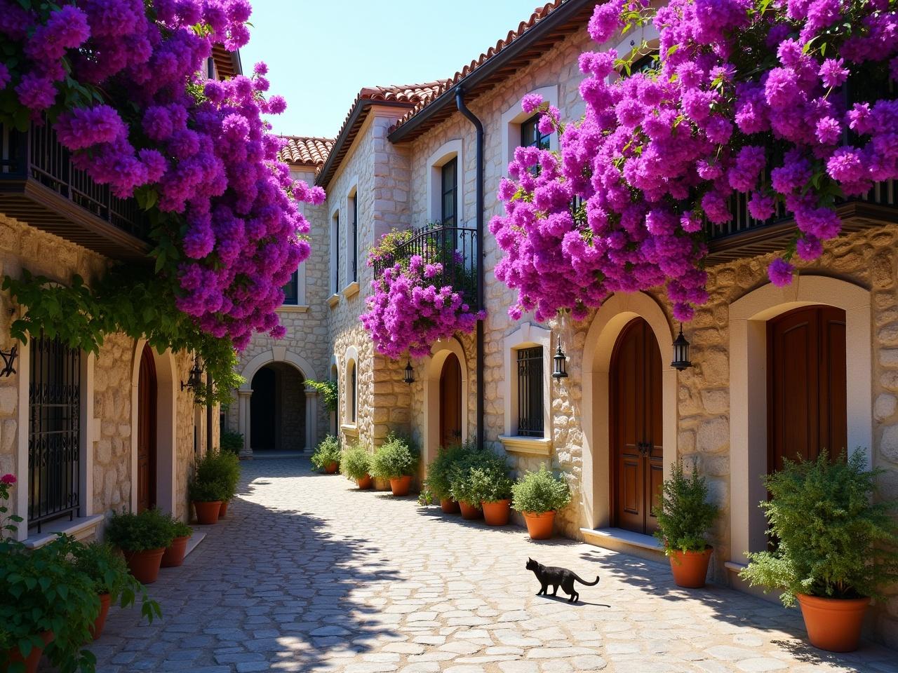 Beautiful quaint village street with cobblestone paths and stone buildings. Buildings have vibrant purple bougainvillea flowers. Narrow winding street with a small archway in the background. A single black cat walks along the path. Overall peaceful and inviting ambiance of the village.