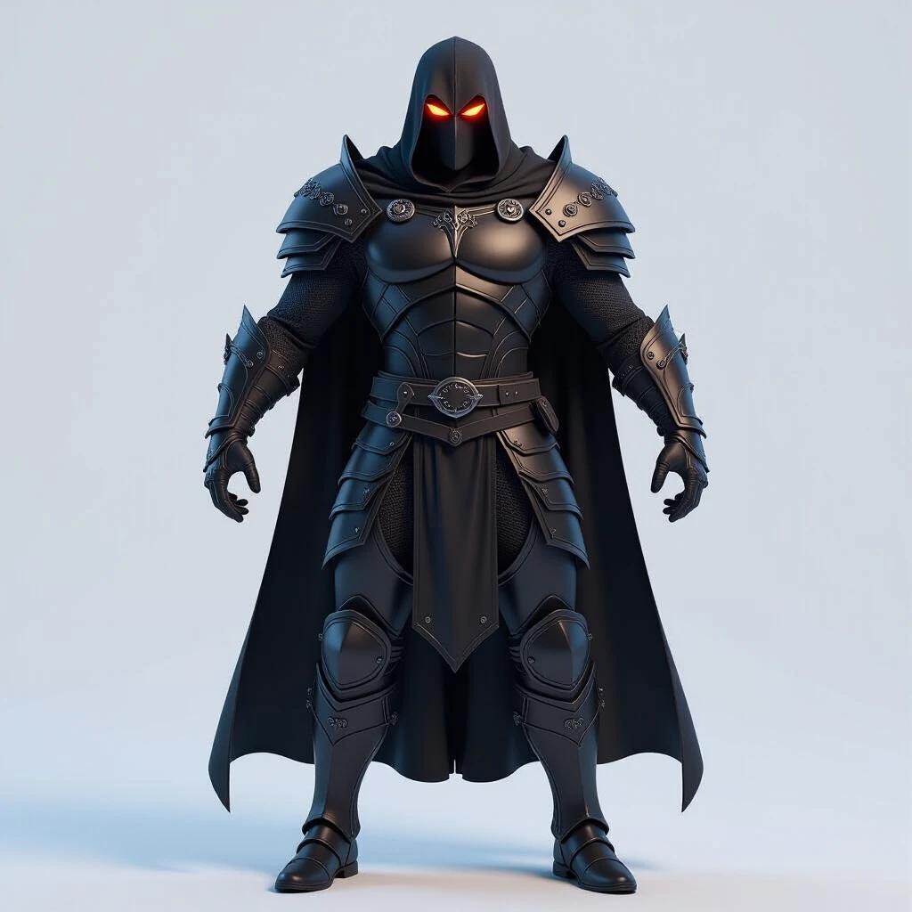 3D character design of a medieval warrior with dark Dracula-inspired armor covering chest shoulders and legs. Character has a helmet with glowing eyes. Displays villainous style. Strong physique. Background is solid white. Standing in T-pose with arms spread out. No cape included.