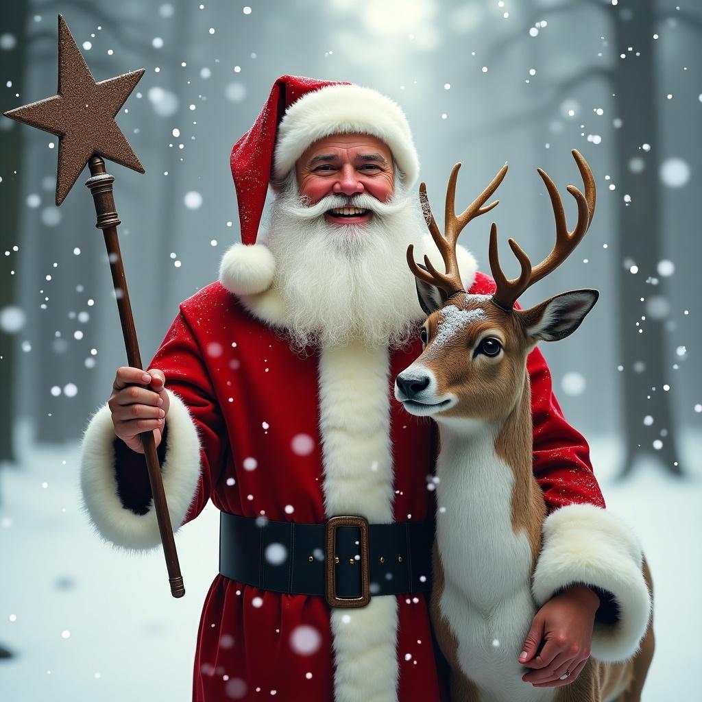 Realistic depiction of Santa Claus holding a wand with a reindeer in a snowy landscape. Santa wears a classic red suit with white fur trim. He smiles warmly. The reindeer stands beside him with antlers visible. Soft snowfall enhances the winter atmosphere.