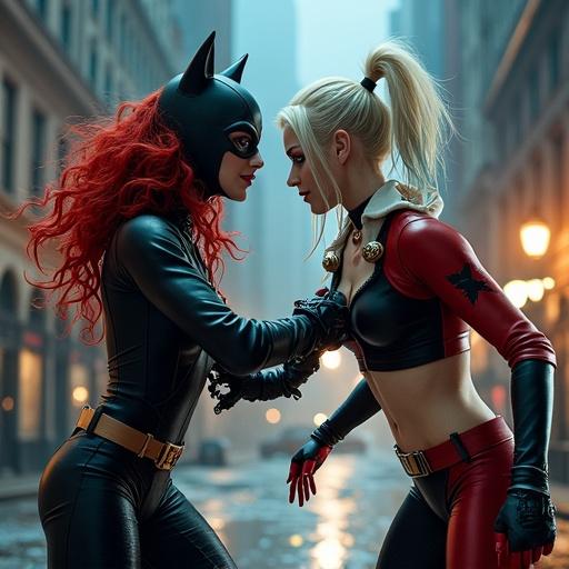 Harley Quinn and Catwoman engaged in an intense standoff. Both characters wear their signature outfits. Urban street scene with dramatic lighting. The atmosphere is charged with tension and excitement.
