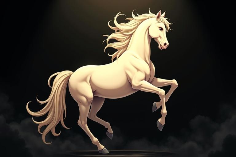 Majestic anime cream horse rears up against the dark swirling black background.
