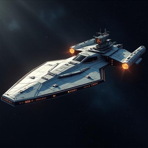 Starship soaring through deep space. Sleek design with futuristic features. Bright engines emitting light.
