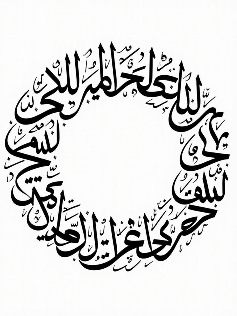 Handwritten Arabic calligraphy forms a complete circular shape. Design includes عملة الإسلام. Artwork fills entire space. Handwritten Arabic calligraphy in circular shape.