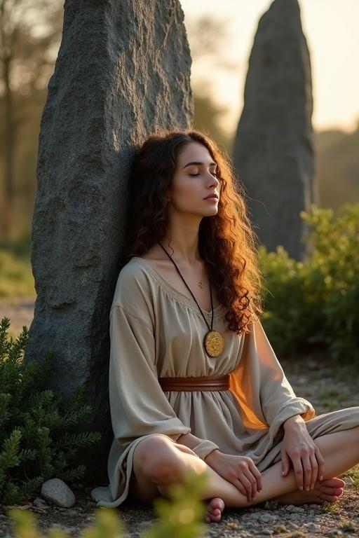 A young woman sits cross-legged against a menhir. She has long, curly brown hair and wears a natural-colored robe with a leather belt. A golden medallion hangs around her neck. The scene features a towering dark granite menhir, surrounded by shrubs and the stony ground, illuminated by evening light.