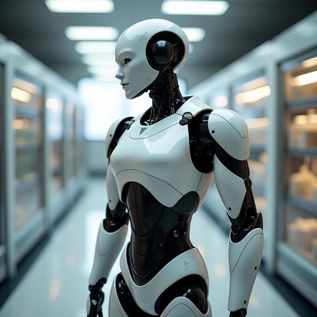 A humanoid robot stands in a futuristic laboratory. Its design is sleek with both white and black metallic elements. The setting features advanced technology embedded in the environment. Soft ambient lighting creates a calming atmosphere. The background is neutral, emphasizing the robot's design. This scene captures the essence of modern robotics and AI advancement. The focus is on the robot, showcasing its sophisticated structure. It's an ideal representation of future technology. The image can also stimulate ideas about humanoid interactions in various settings.