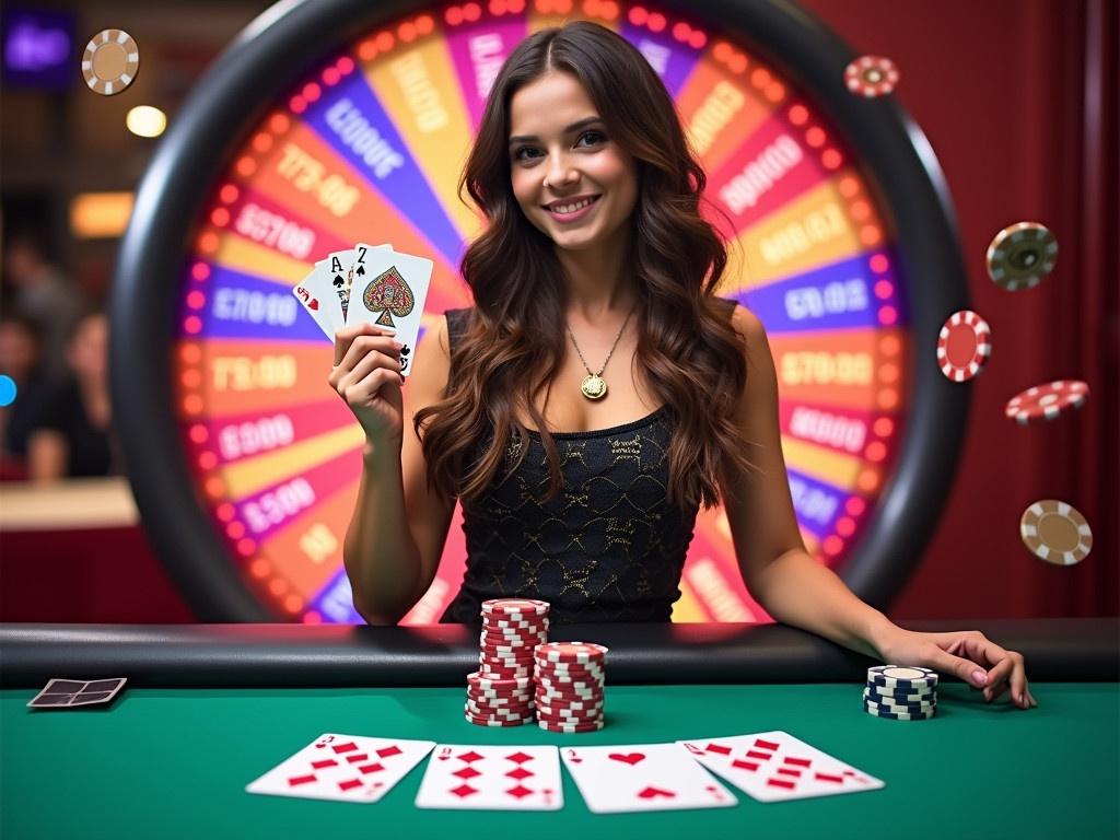 In a colorful casino setting, a girl stands behind a poker table, confidently holding a stack of poker chips in one hand and a few playing cards in the other. The background features a vibrant spinning wheel with various betting amounts displayed, including a jackpot label. On the table in front of her, a poker hand of 7 of hearts, 7 of spades, jack of diamonds, ace of hearts, and queen of clubs is laid out. The atmosphere is lively, with coins and more chips floating around, creating a sense of excitement in the air. The girl wears a stylish casino outfit, adding to the fun and glamorous vibe of the scene.