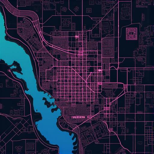 Create a striking and detailed stylized map of Detroit with a techno-futuristic aesthetic. The map should feature streets and key landmarks represented with clean lines and abstract geometric shapes. Subtly integrate luminous and stylish icons representing Detroit's automotive industry. Artistic portraits of the Belleville Three should be artistically overlaid in a vector art style with glitch art touches. The dominant color palette will be a vibrant mix of deep purple and electric blue, accented with white for details and black and gray for depth.