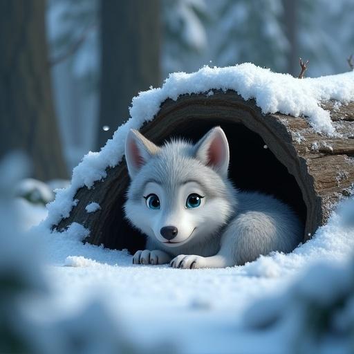 3D rendering showing a baby wolf in a snowy forest setting. The wolf has white-gray fur with wide eyes and is laying behind a fallen log. The background features a lush green forest covered in snow.