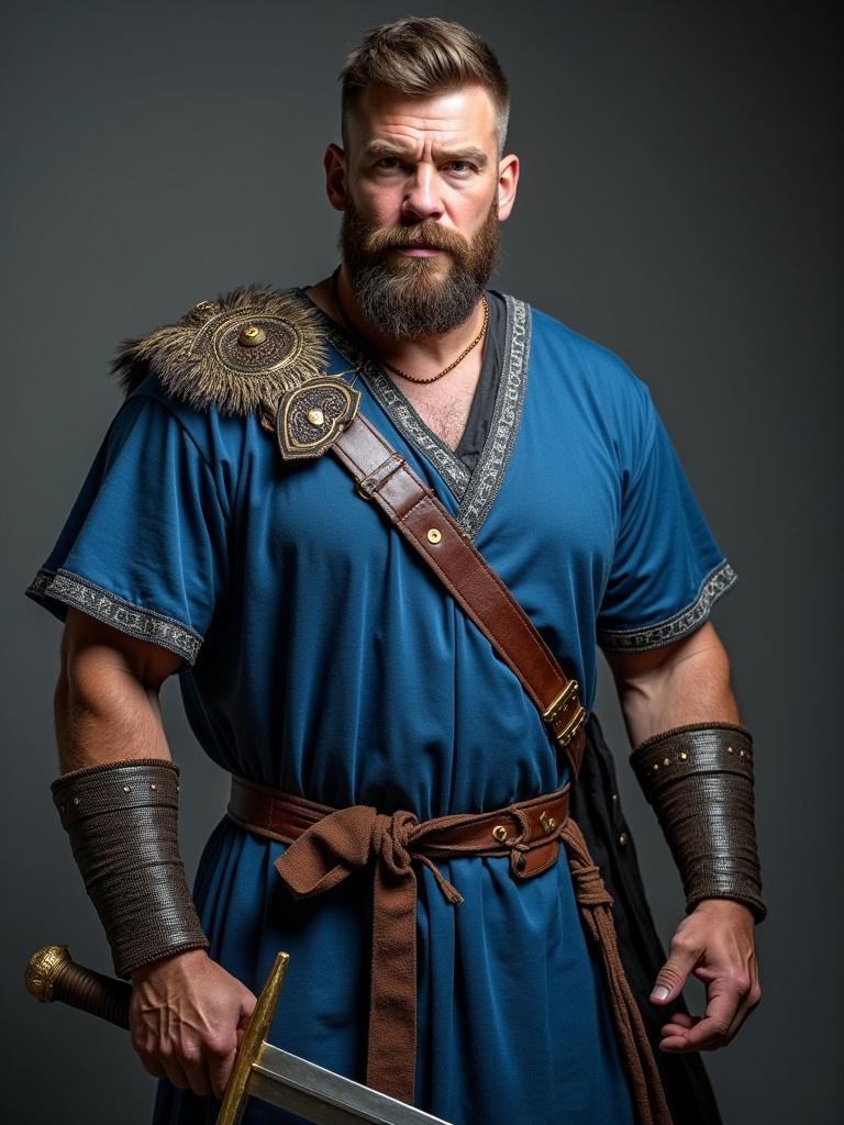 Strong warrior in blue dress holds sword. The warrior has strong physique and mean expression. Soft lighting highlights muscular build. Image displays a confident pose.