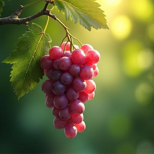 Fantasy artwork features magical healing fruits resembling grapes. Bunch of grapes is surrounded by magical light. Background has green sunlight streaming through foliage.