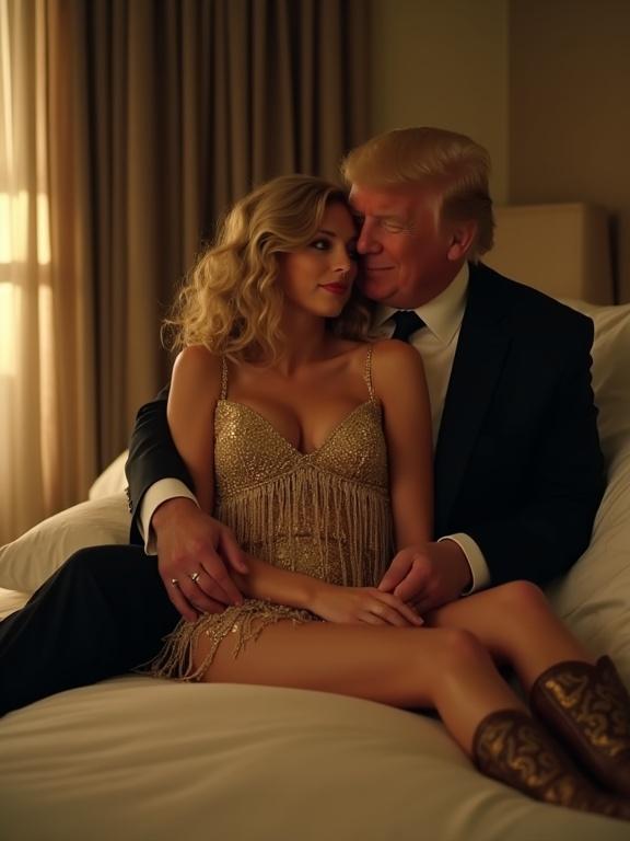 Country music starlet and businessman in hotel room scene. The starlet wears a gold fringe dress with cowboy boots. She has long blonde hair and blue eyes. The man, older and large, embraces her closely. They sit on a bed, illuminated by soft lighting, creating an intimate atmosphere. She appears nervous and flushed. Full body shot captured as if taking photos.