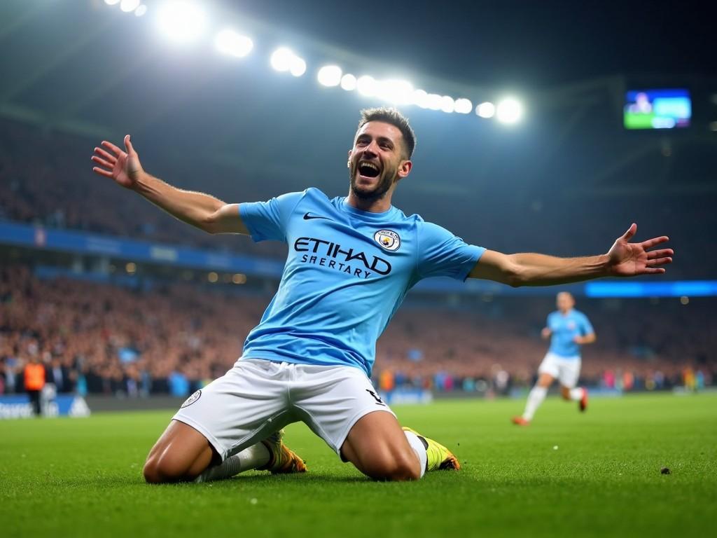 The image shows a football player celebrating enthusiastically after scoring a goal. He is wearing a light blue jersey with the Manchester City logo. The player is on his knees with arms spread wide in joy, showcasing his excitement. The pitch is lush green, and the stadium is filled with spectators in the background. Bright lights are shining down, creating a vibrant atmosphere, highlighting the intensity of the moment.