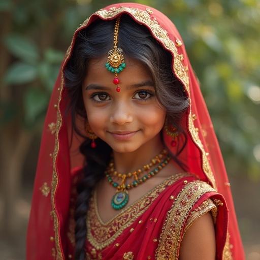 Girl in traditional Indian attire. She wears beautiful jewelry and has braids. The background shows a rustic wall. Warm sunlight enhances the colors of her outfit.