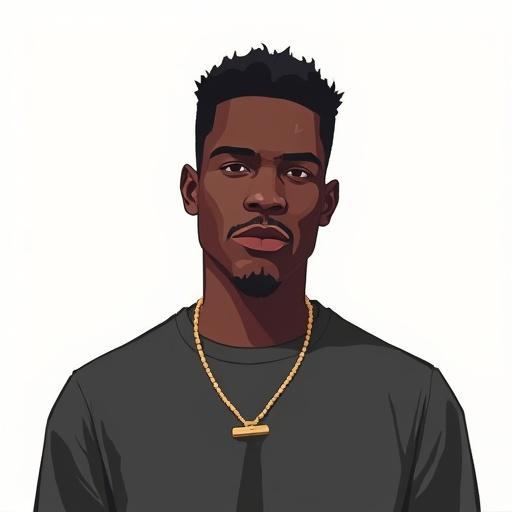 Black male directly facing camera. Full frontal view with bright light. Solid color t-shirt. Grand Theft Auto style illustration. 4-bit color palette. No accessories or background.