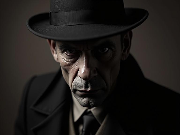 Portrait of a bad dog mobster in classic film noir style. Dark and moody aesthetic. Character has deep shadows and dramatic expression.