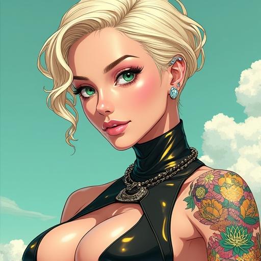 Anime illustration of a woman aged 67. She has emerald green eyes and a beautiful face. Short and curly light blonde hair enhances her elegance. Jewelry includes light pink diamonds. The setting is super futuristic and high-tech. Her traits include being half Japanese and half Saiyan. The woman is tall, muscular and has visible abs. Light pink lipstick and white eyeshadow complement her look. She has piercings including double belly button rings. The background features traditional Japanese tattoos. The overall look is fit and high-fashion, wearing a sexy edgy outfit. Color scheme includes light gold and onyx black.
