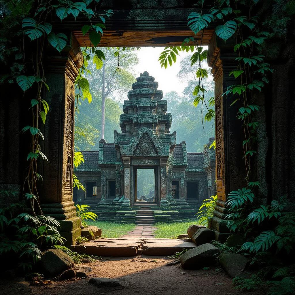 Photograph of ancient temple entrance. Lush jungle vines and leaves in the foreground. Temple ruins visible through archway. Mystical lighting creates an enchanting atmosphere.