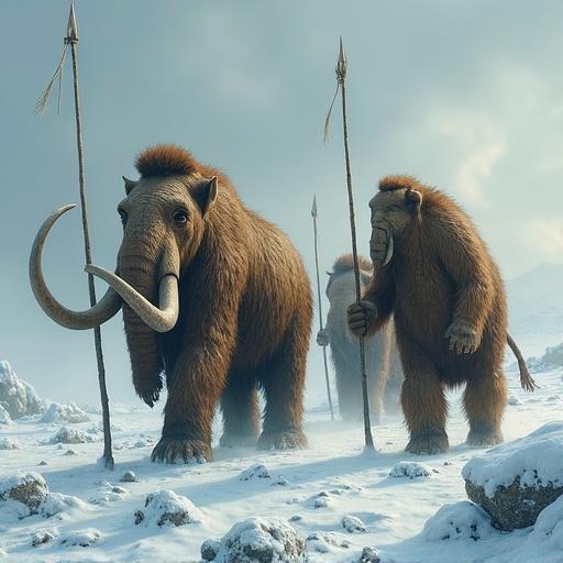 Scene depicting Neanderthals with spears hunting mammoths in a snowy arctic landscape