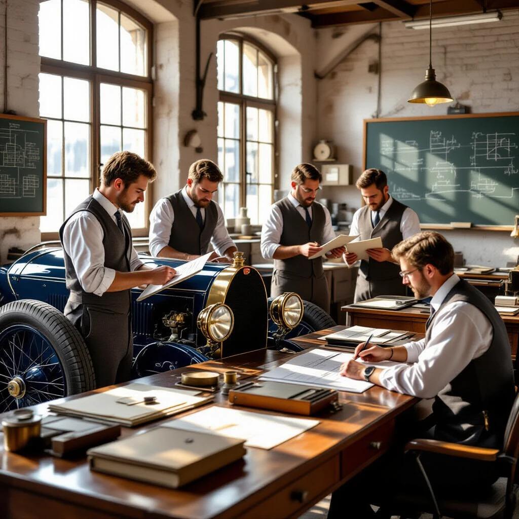 Engineers in wool waistcoats at a vintage automotive workshop. Measuring Bugatti Type 35 chassis with brass calipers. One person using a slide rule at oak drafting table. Another recording data in leather ledger. Desks filled with blueprints and tools. Sunlight shining through factory windows. Dust motes visibly floating in air.