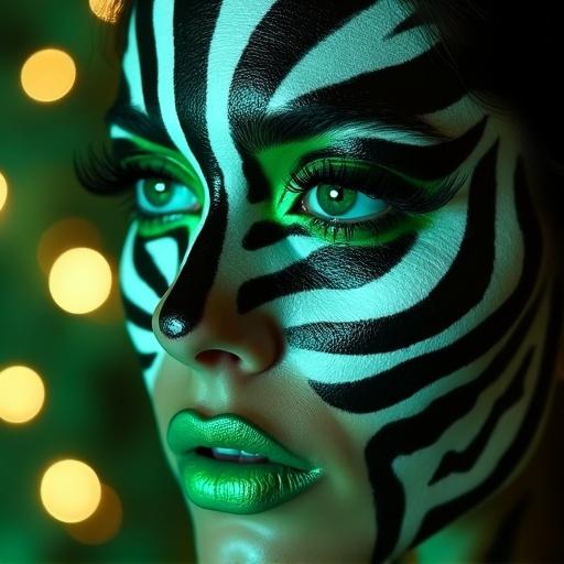 Striking close-up of a face with black and white tribal stripes resembling zebra patterns Brilliant emerald green eyes accentuated with neon green makeup Glossy ombre lips with green-black hues Porcelain-like skin texture Shimmering gold-green bokeh lighting in the background