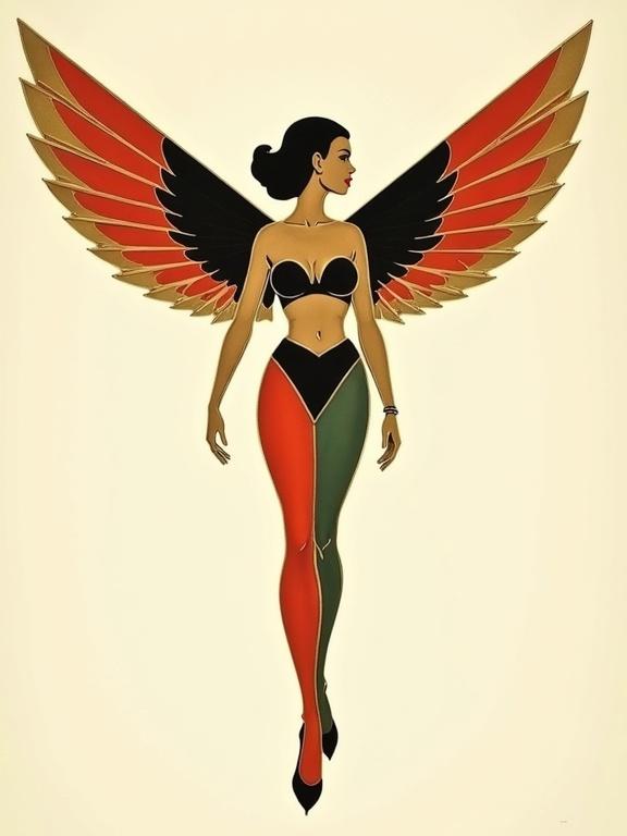A vintage bikini woman with broad geometric wings. The design captures retro-futuristic elements from the 1950s. The woman is wearing high heels. The color scheme includes black, red, and green. The artwork is a jewelry masterpiece featuring gold, onyx, and coral. The image is in sharp focus with HDR quality.