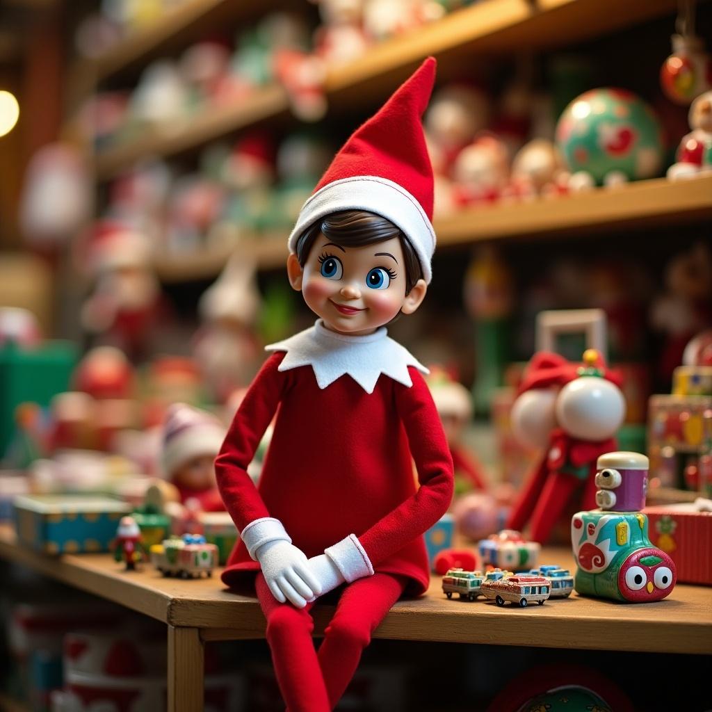 Elf figurine sitting at a table in a festive workshop surrounded by colorful decorations and toys.