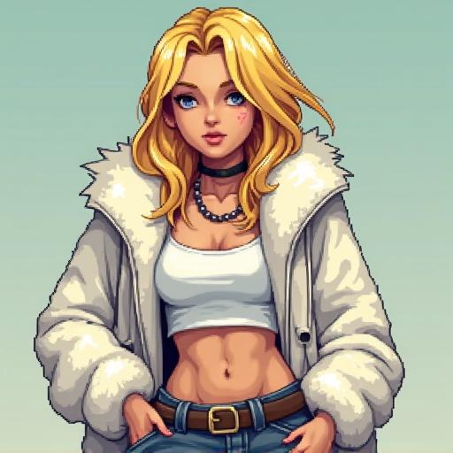 Post apocalyptic blonde girl character wearing a white fur coat and crop top. Style is pixel art. Character has a confident pose and fashion-forward look.
