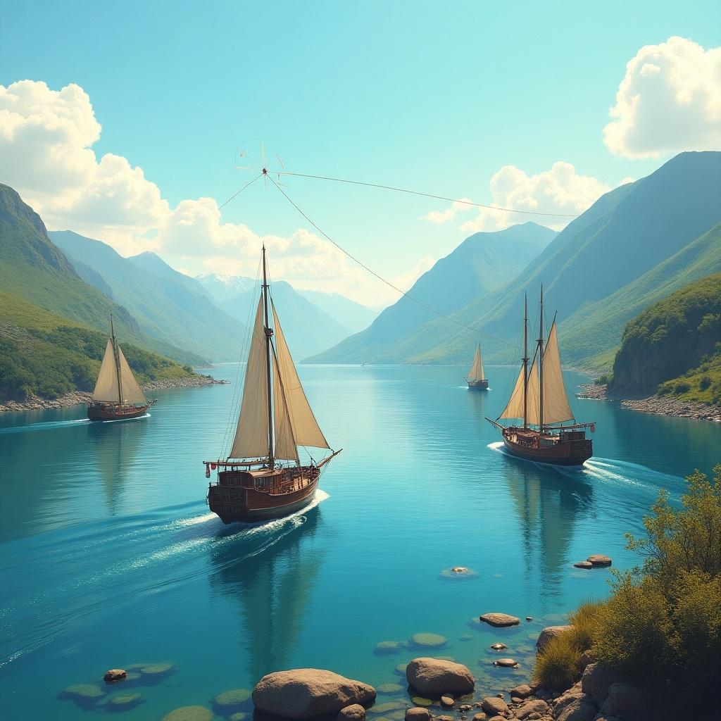 Tranquil lake scene with sailing ships floating. Mountains surround the landscape. Bright sunny day with clouds. Slender boats with sails navigating across the clear water.