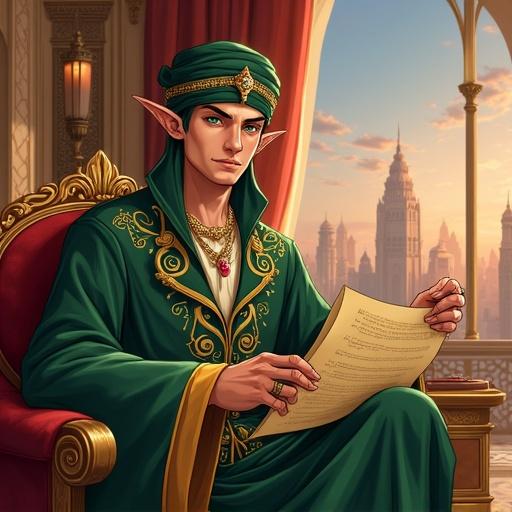 Anime-style male elf with Middle Eastern features. Dressed in luxurious flowing business attire. Tailored robes with gold embroidery and jeweled turban. Pointed ears and emerald eyes. Sly smirk. Hands clutch scrolls of trade contracts and gemstones. Seated in lavish office with marble floors and brass lanterns. Panoramic windows overlooking desert city skyline at dusk. Wealth mystery and ambition atmosphere. Subtle magical energy swirling around.