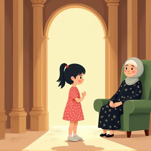 Flat-style illustration for a children's story. Scene features a wooden house with columns and a dome. Young girl stands with hand on chest wearing a pink dress. Elderly woman in background appears transparent. Soft lighting and warm colors create a dreamy atmosphere.