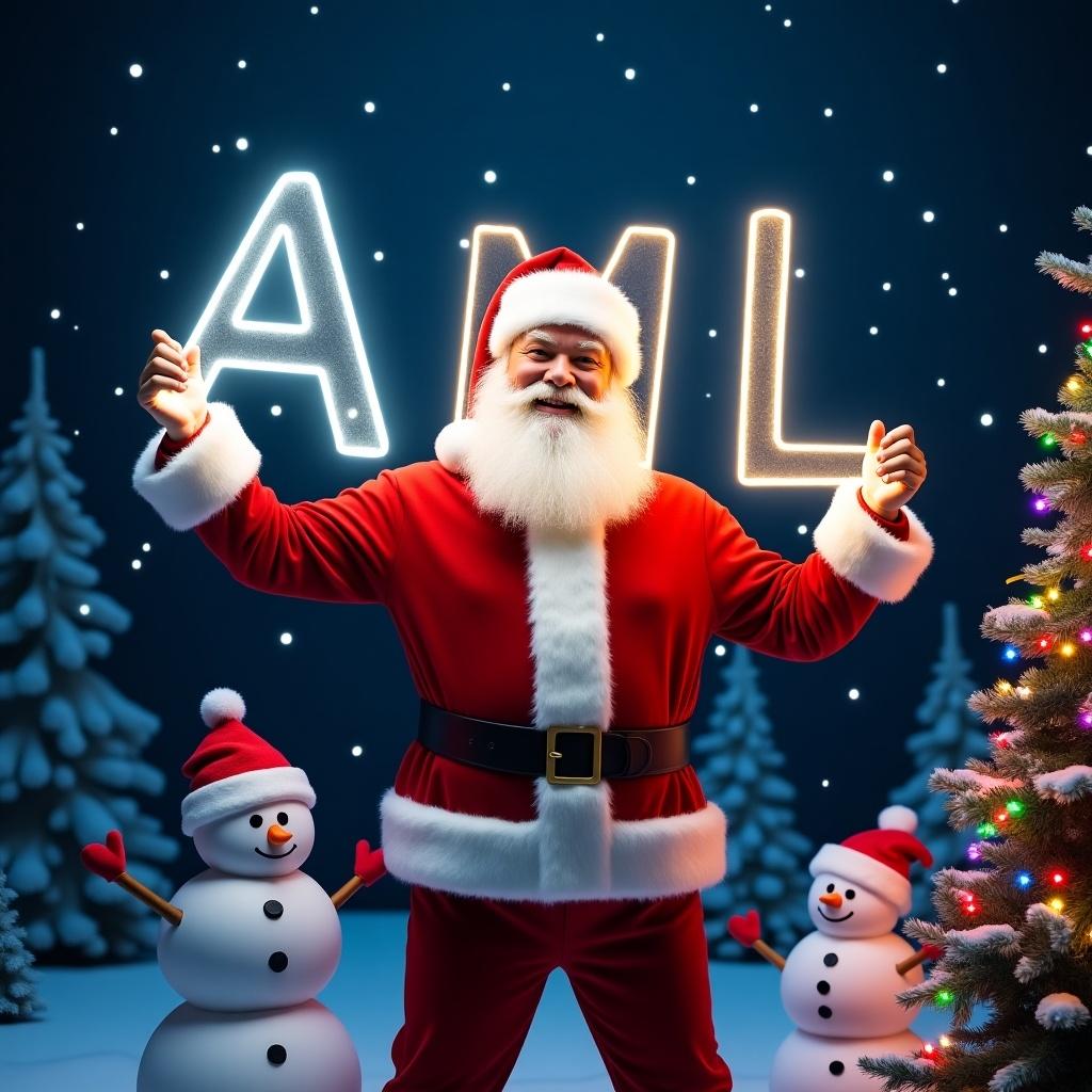 Cheerful Santa Claus dressed in a red and white suit holds a glowing stick creating the name 'AML'. Two snowmen stand beside him. The backdrop is a dark winter night with stars. Colorful lights adorn nearby evergreen trees.