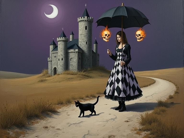 A figure wearing a harlequin dress walks on a dirt path in a barren landscape. The figure holds a black umbrella and a staff. Translucent skulls with flames float nearby. A black cat walks beside the figure. A castle stands in the background under a purple sky with a crescent moon. The painting uses visible brushstrokes and impasto technique.