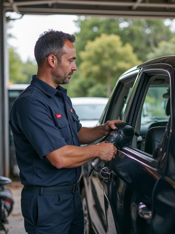 Image of a fuel service employee filling a car with gasoline. A smiling driver sits inside the car. Natural setting with greenery in the background.