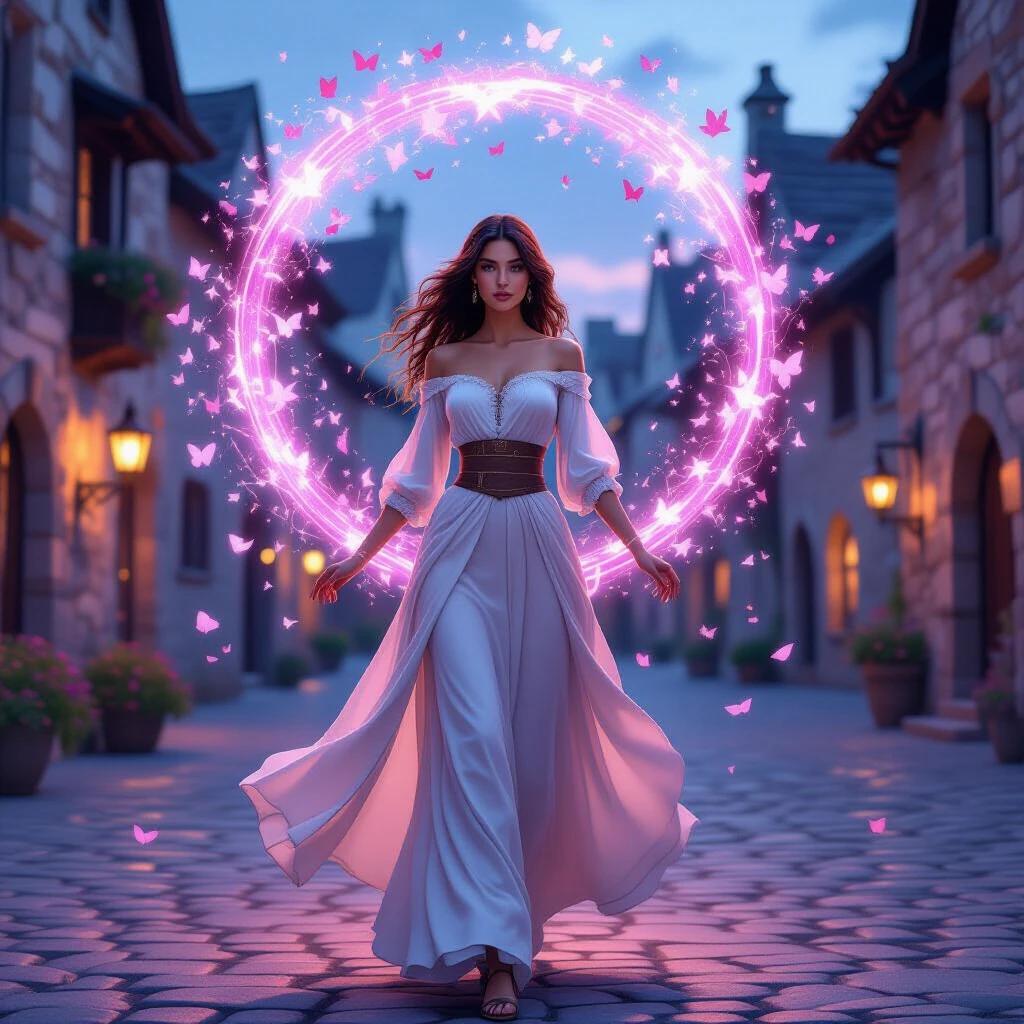 A beautiful woman stands in a medieval town square at dusk. She wears a refined blouse and flowing skirt. Hair and clothing move in the breeze. Magic particles float in pink, lavender, and blue. Butterflies and petals drift through the air. A glowing magic circle is in the background. Stone buildings are bathed in warm light. The scene blends reality and magic.