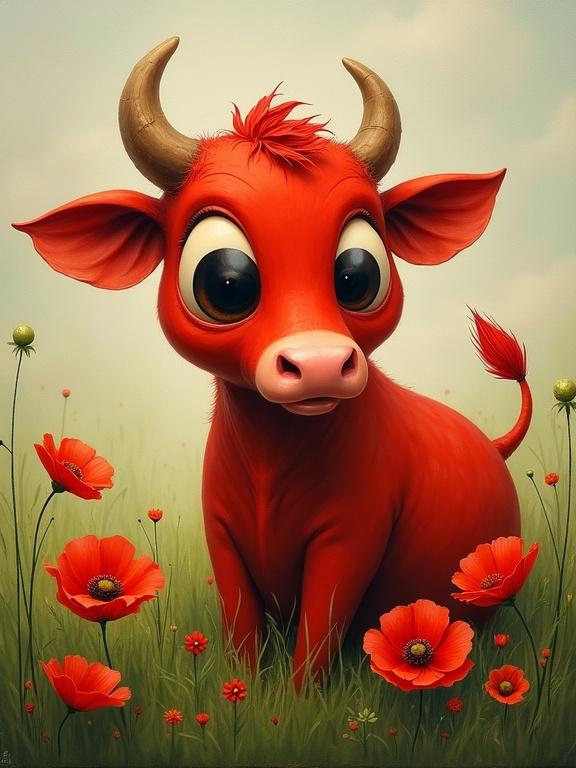 Whimsical painting of a red cow with big eyes in a meadow of poppies. The cow appears playful. The background is soft and dreamlike. The colors are vibrant and blended.