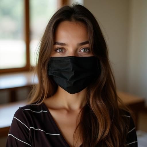 Young woman with long brown hair wearing a dark striped top. Close-up portrait with soft focus, natural light in a room with a wooden table. Warm tones, neutral expression, red lipstick, black medical mask, ethereal beauty, out of focus background.