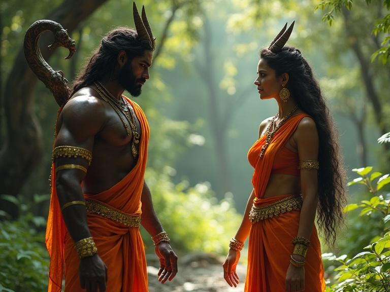 Ashokasundari in a forest wearing orange saree. Hunda, a demon, with horns, trying to deceive her. Setting is lush and green with soft lighting.