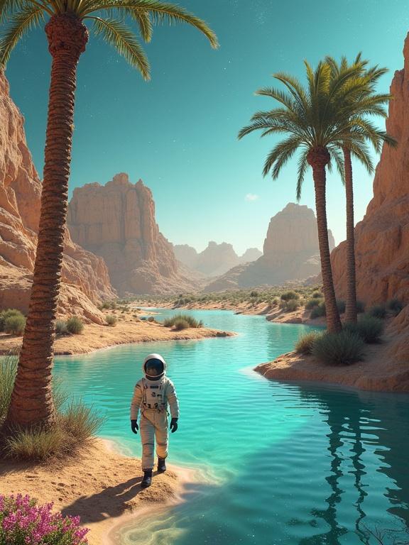 Astronaut walks through an orange Martian desert. Encounters a crystal-clear oasis with turquoise water. Jellyfish swim in the lagoon. Metal palms with optical fiber leaves emit green and blue light. A twilight sky filled with shooting stars completes this surreal scene.